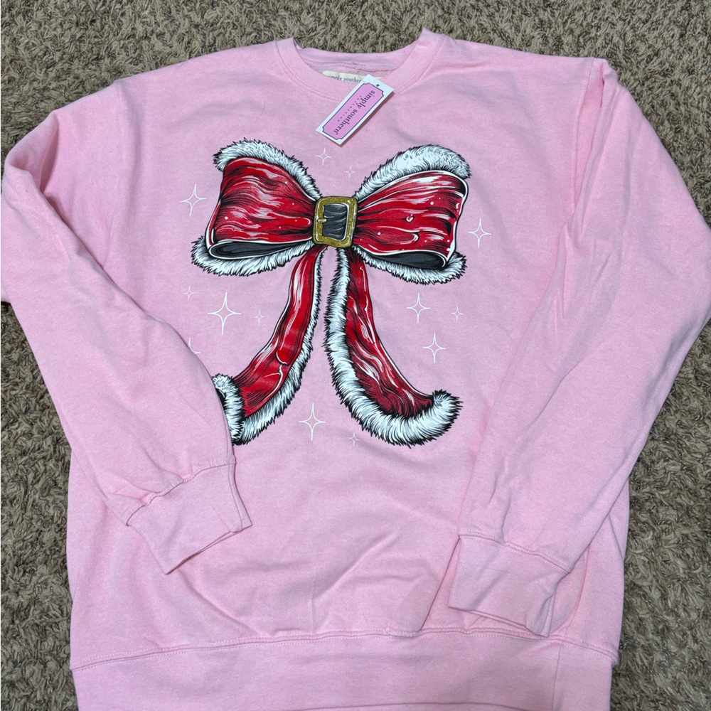 Simply Southern Pink Sweater with Red Bow Design oversized sweatshirt